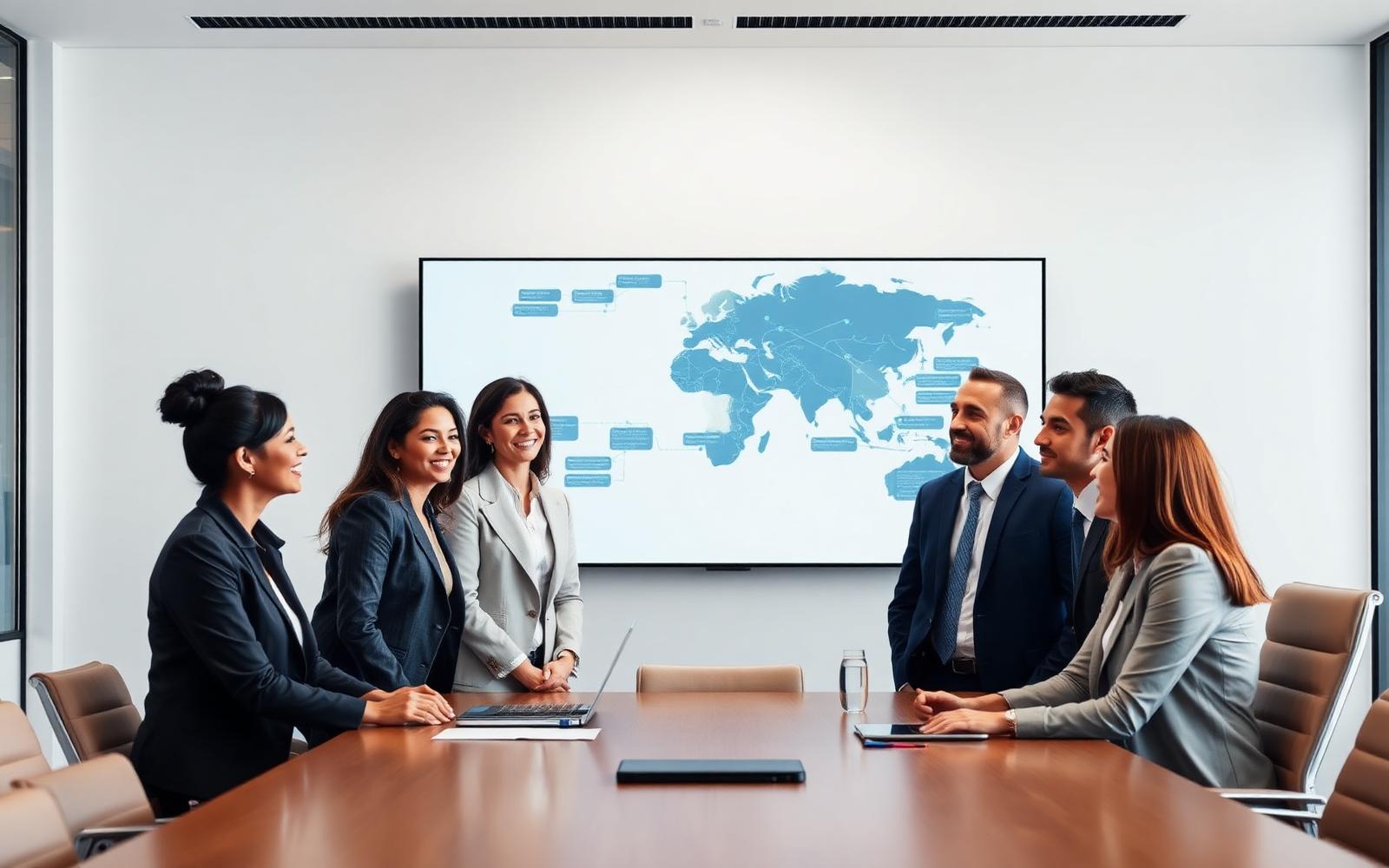 An executive team reviewing a business operating map together in a bright corporate meeting room