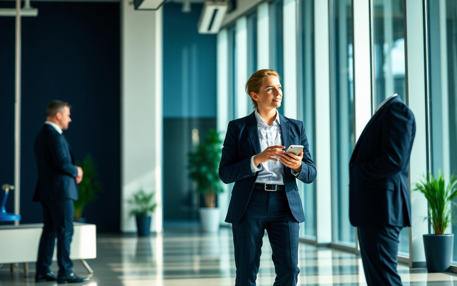 A salesperson in a bright showroom using the AROXOS mobile app while speaking with a customer